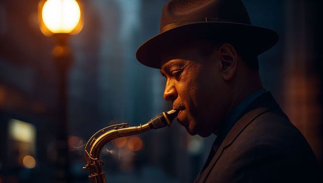 Noir night jazz saxophonist playing under city lamp wearing fedora and tailored suit