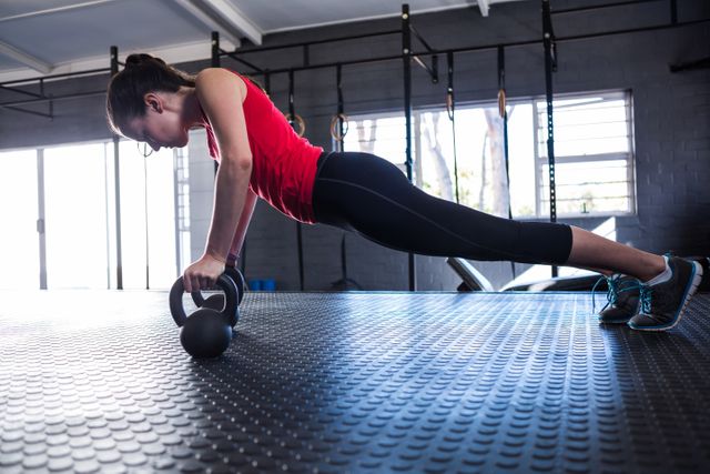 Sporty female athlete performing push-ups using a kettlebell in a gym. Ideal for use in fitness blogs, workout guides, health and wellness articles, and promotional materials for gyms or fitness programs.