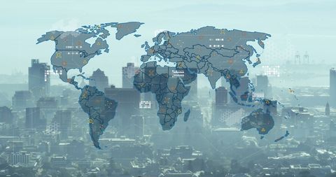 digital world map with circuit board over modern city landscape - Download Free Stock Images Pikwizard.com