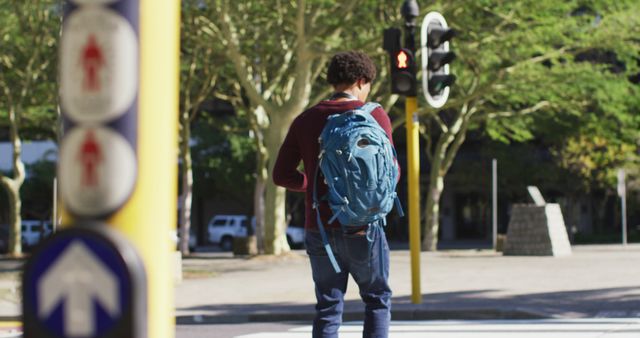 Teenager standing at a pedestrian crossing in a city, wearing a blue backpack and waiting for green light. Use for topics related to urban commuting, pedestrian safety, student life, or travel.