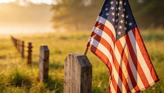 American flag fluttering on weathered post at golden hour in meadow with soft sunlit bokeh