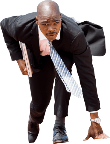 Focused Businessman Ready for Race in Suit on Transparent Background