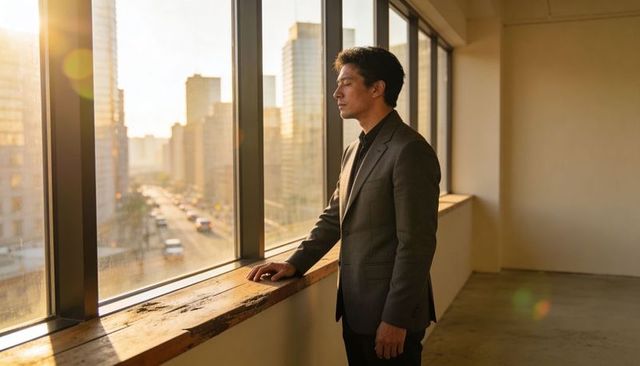 Executive reflecting in sunlit urban loft overlooking busy city street at golden hour