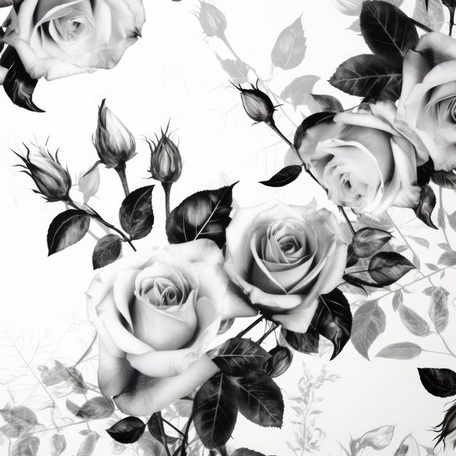 White roses in black and white on white background, created using generative ai technology. Flowers, pattern and nature concept digitally generated image.