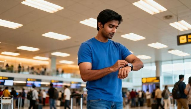 Male traveler checking watch in busy airport terminal with rolling suitcase