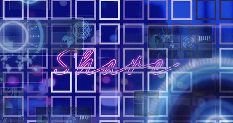 Neon Pink Cursive Shape Over Grid with Futuristic HUD Graphics - Download Free Stock Images Pikwizard.com