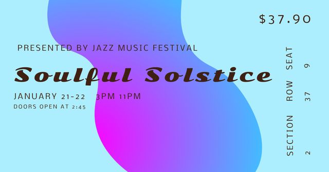 This image featuring a jazz music festival ticket with a vibrant gradient design is perfect for promoting live music events. It captures the essence of a soulful evening and can be used in flyers, digital brochures, websites, and social media posts for ticket sales and event marketing. Ideal for entertainment, art, and culture related projects aiming for a lively and colorful appeal.