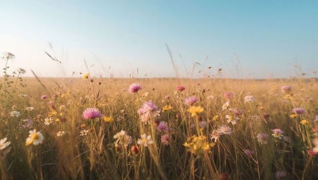 Wildflowers swaying in sun-kissed meadow at golden hour with pink clover and daisies