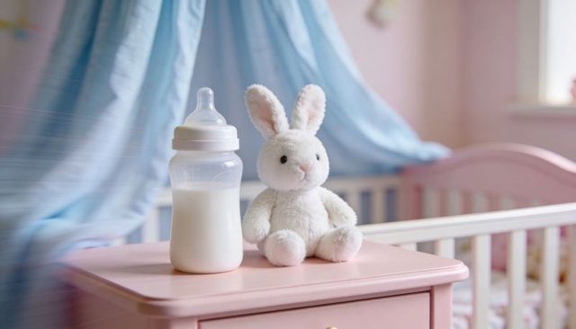 Resting white plush rabbit beside baby bottle on pink nursery dresser with canopy crib