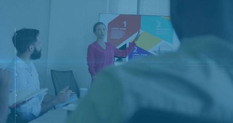 Businesswoman Leading Team Meeting with Infographic Displayed