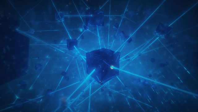 Glowing central cube in futuristic cyberspace with connecting beams