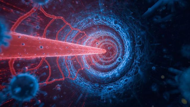 Glowing red nanoprobe drilling through fibrous microtunnel with neon cyan vortex