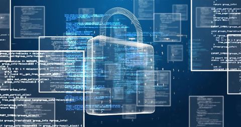 Digital security concept with data and padlock hologram