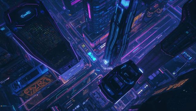 Neon cyberpunk aerial of vertical metropolis with glowing skyscraper intersection
