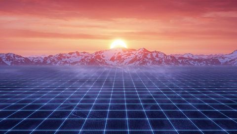Neon grid stretching across futuristic landscape toward sunrise over snow-capped mountains