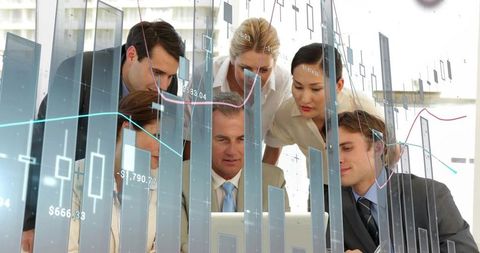 Executive Team Collaborating on Laptop with 3D Financial Charts and Real-Time Analytics