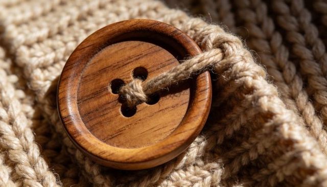 Macro polished wooden button threading through beige cord on chunky knitted wool sweater
