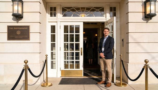 Gallery greeter welcoming guests at elegant entrance with velvet ropes and brass details