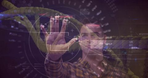 Scientist Interacting with Holographic DNA Display in Futuristic Lab