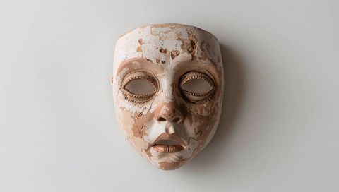 Worn ceramic face mask with peeling paint texture and soft studio shadows