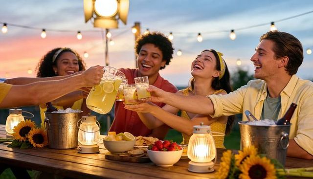 Sunset backyard lemonade toast with friends, glowing lanterns, sunflowers and picnic spread