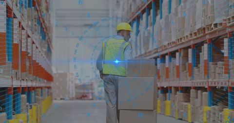 Warehouse Worker Pushing Boxes in Logistics Center