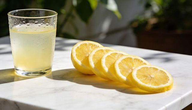 Sunlit lemon slices sitting beside chilled citrus drink on marble countertop