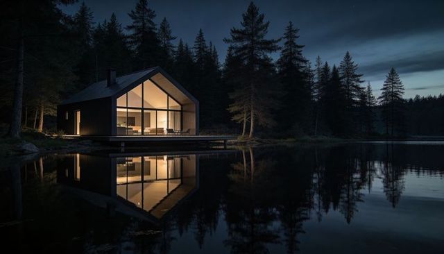 Modern glass-front cabin reflecting on calm lake at dusk with warm interior glow