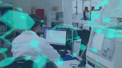 Doctor Analyzing Science Data with Digital Interface Overlay in Laboratory