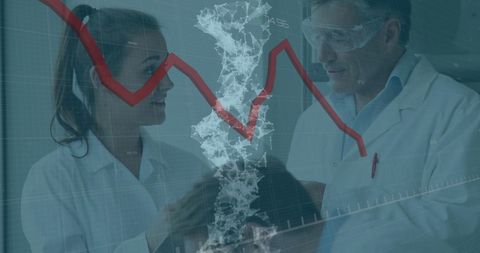 Image depicts scientists engaging in discussion while analyzing a digitally overlaid DNA strand and data charts. The environment suggests advanced genetic research and data processing. This image can be used to illustrate topics related to scientific research, biotechnology, DNA analysis, advancements in genetics, and the intersection of data science with biology, within educational materials, articles, or promotional content for healthcare technology.