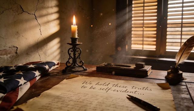 Historic parchment resting on oak desk with candle, quill and folded american flag