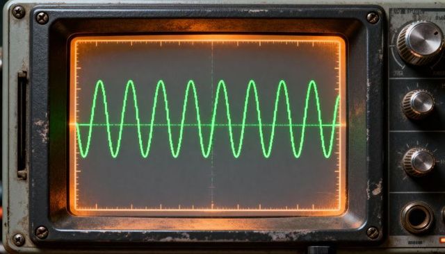 Vintage analog oscilloscope crt showing green waveform on worn metal bezel and knobs