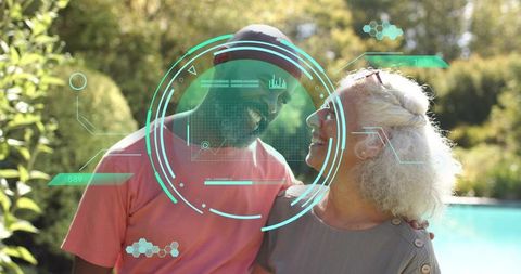 Couple sharing gaze poolside with futuristic holographic hud overlay