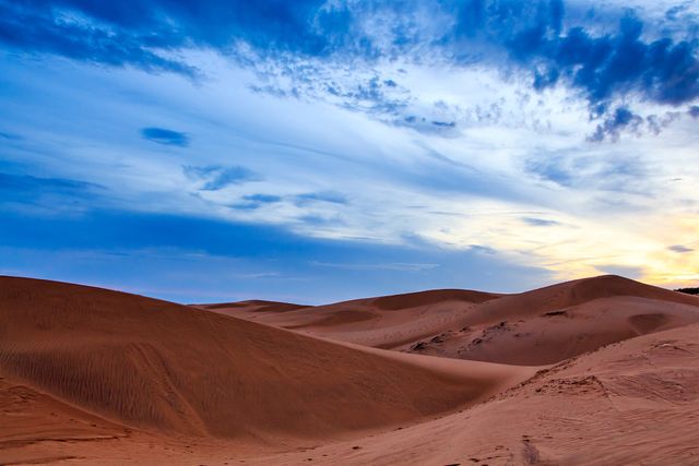 Scenic desert sand dunes under a dramatic blue sky at sunset. Ideal for travel brochures, nature documentaries, wallpapers, and promotional materials for travel destinations that showcase natural beauty and landscapes.