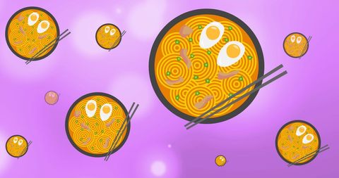 Colorful noodle bowls with eggs on purple background