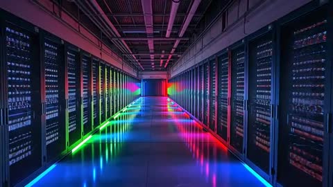 Moving camera gliding down server rack corridor with RGB floor LEDs reflecting rainbow