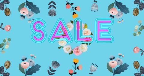 Bright Neon Sale Sign with Floral Accents on Blue Background