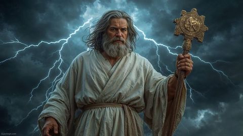 Elderly moses in robe holding ornate staff under stormy sky