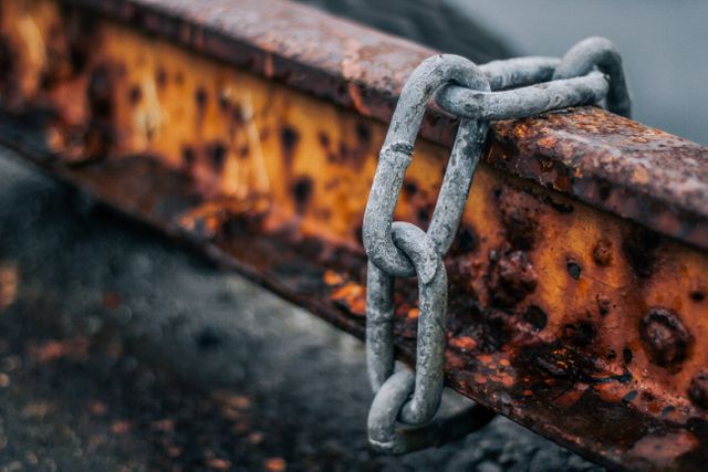 Close-up of a rusted chain wrapped around a corroding iron beam, highlighting the effects of weathering and corrosion on metal. Useful for themes related to industrial decay, aging materials, or corrosion studies.