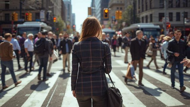 Woman standing at busy downtown crosswalk holding black shoulder bag amid urban crowd