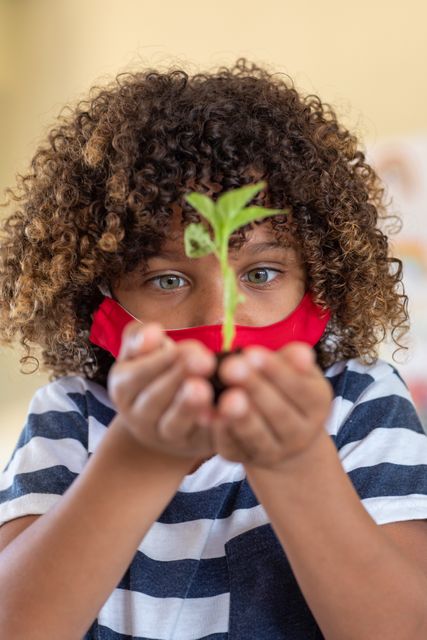 Boy with curly hair wearing face mask holding small plant at school. Ideal for educational materials, environmental campaigns, health and safety guidelines, and pandemic-related content.