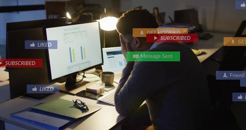 Working late analyzing data dashboard with social notifications and performance charts