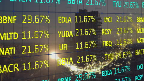 Dynamic Stock Market Digital Display Overlays Cityscape