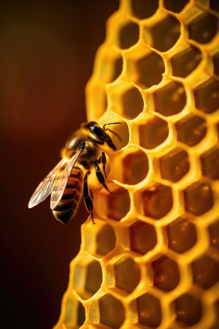 Close up of bee on honeycomb on black background created using generative ai technology. Nature, animals and insects concept digitally generated image.