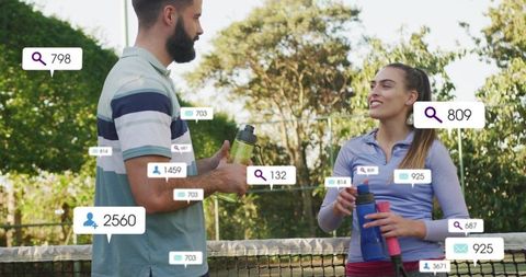 Couple chatting at tennis court holding water bottles with social media engagement icons