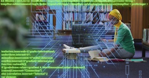 Muslim student typing on laptop in library wearing yellow hijab with neon code overlay
