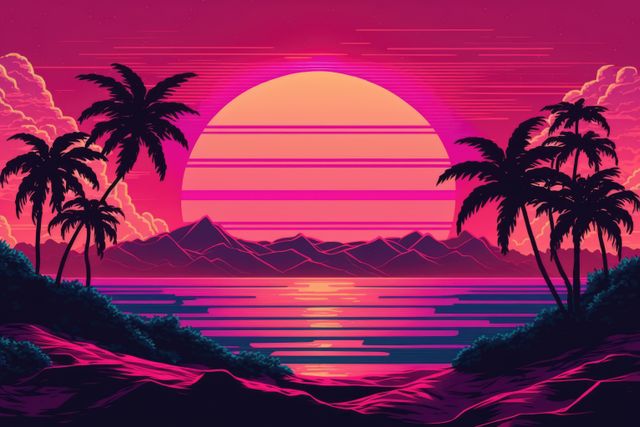 Pink and purple landscape with sun and palm trees, created using generative ai technology - Download Free Stock Photos Pikwizard.com