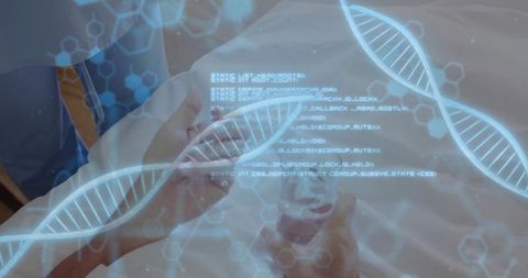 Senior patient reclining in hospital bed holding device viewing dna overlay and ar visuals