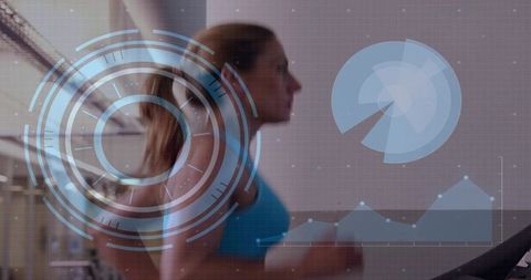 Mid-adult woman running on treadmill with futuristic HUD fitness data overlay analytics