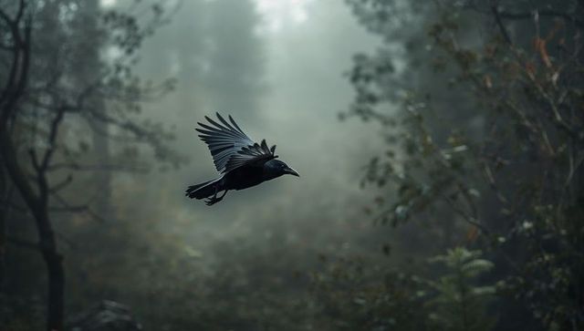 Mystical black crow flying through foggy forest